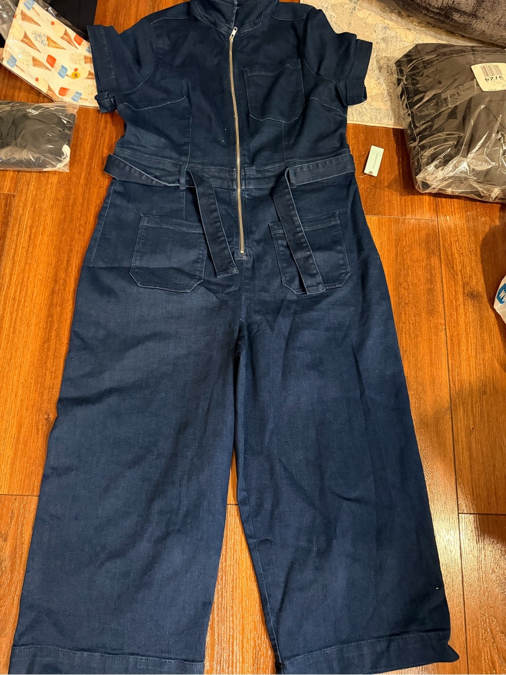 Pilcro Dark Navy Short-Sleeve Utility Jumpsuit with Front Zip